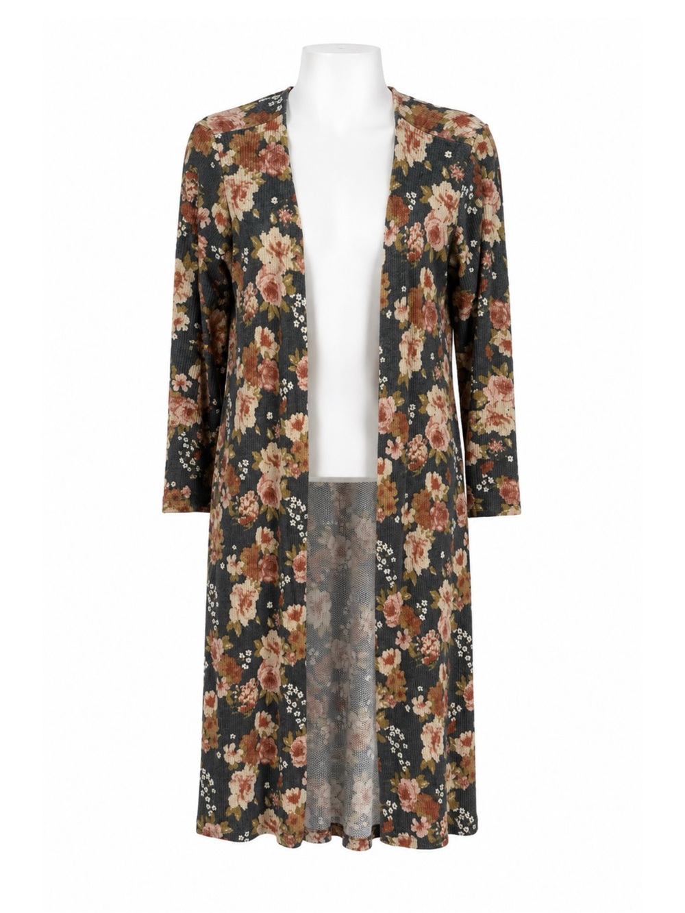 Size L Women’s Bluivy Floral Open Front Long Duster Cardigan Boho Ribbed Knit
